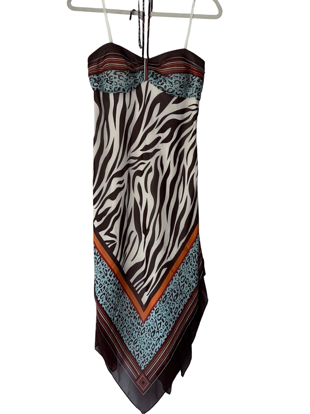 Animal Print Handkerchief Midi Dress Zebra Halter Asymmetric Hem Y2K Size S